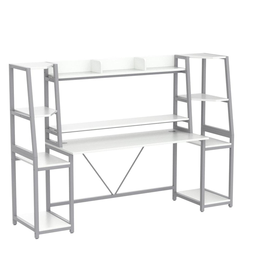 79'' White Gaming Desk with LED Lights and Storage Shelves C4410