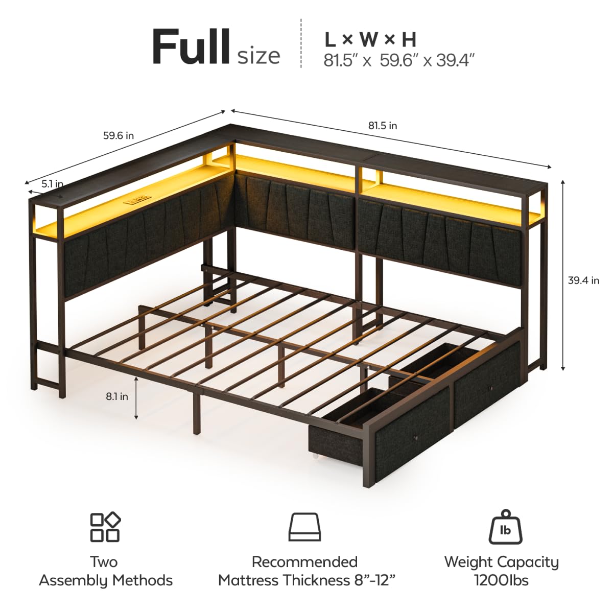 Black Full Size Storage Drawer Bed Frame with LED Lights and Charging Station B3565