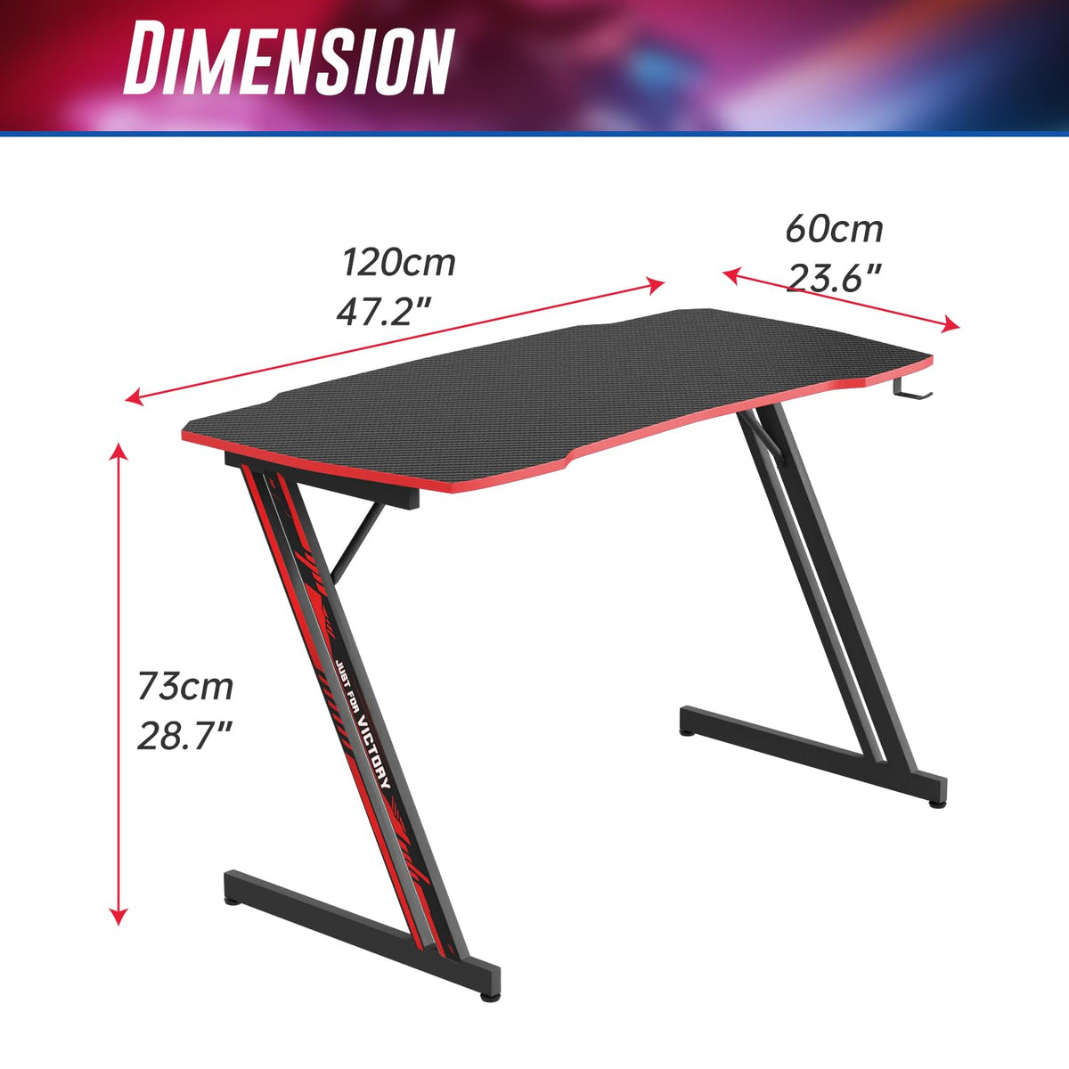 47.2 Inch Z Shaped Carbon Fiber Gaming Desk with Headphone Hook M91225