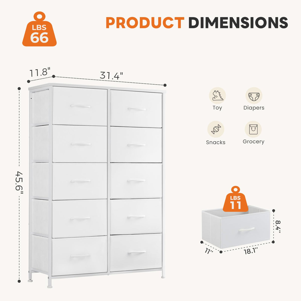White 10 Drawer Tall Dresser F8081