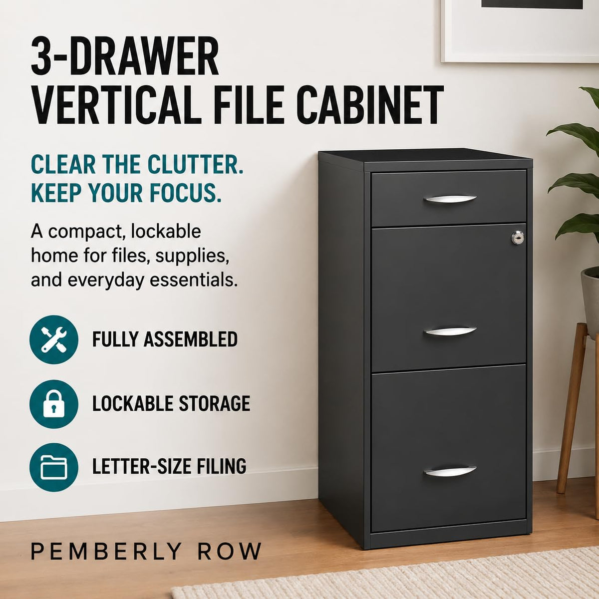 Charcoal Metal 3 Drawer Vertical Filing Cabinet G25734