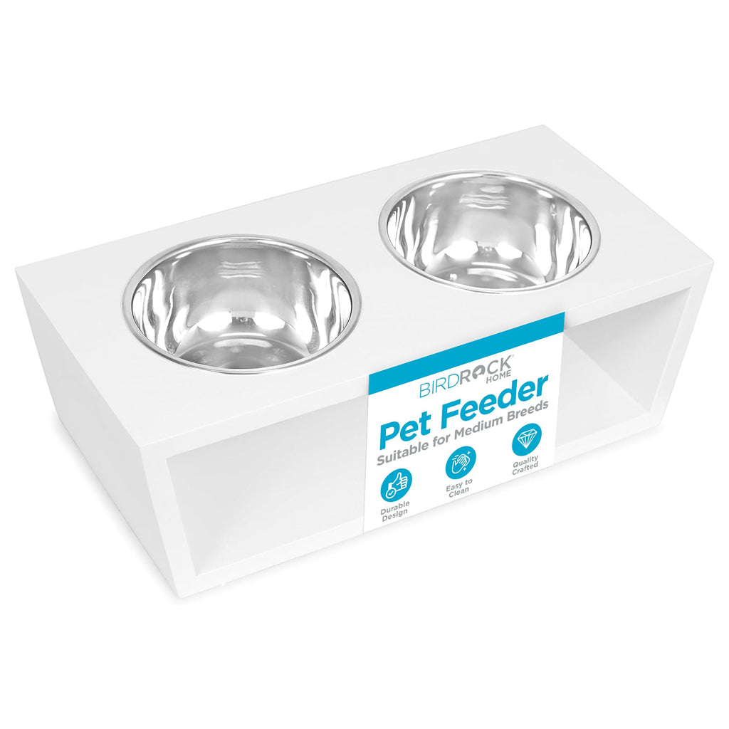 White Double Raised Pet Feeder with Stainless Steel Bowls R362