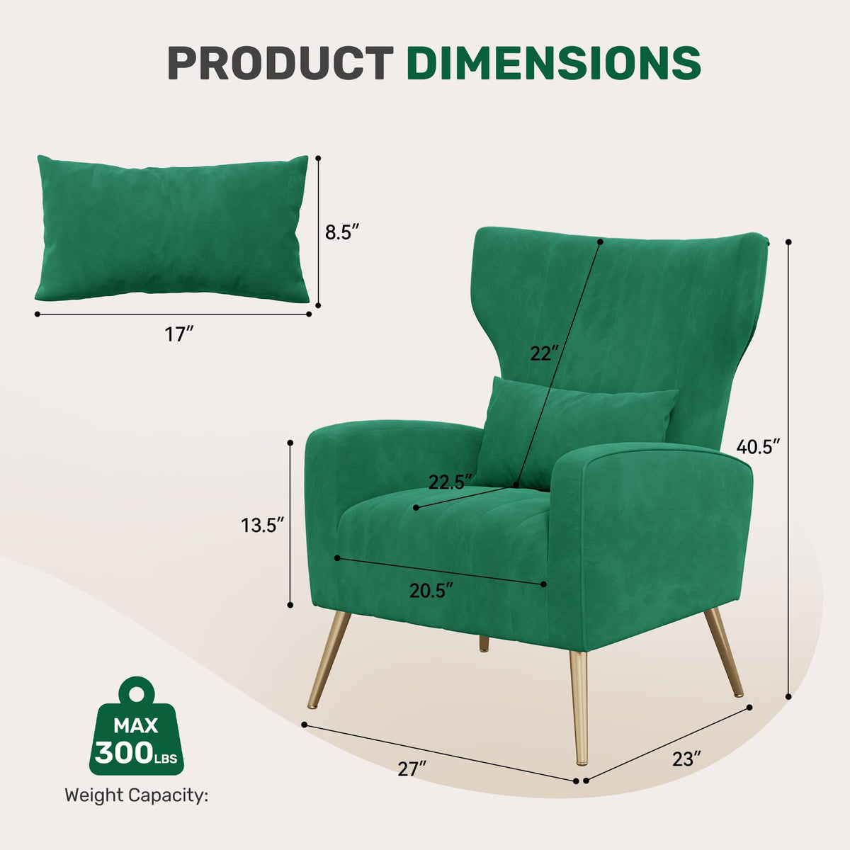 Velvet Accent Chairs Set of 2 High Back Armchair with Lumbar Pillow Green Z98065