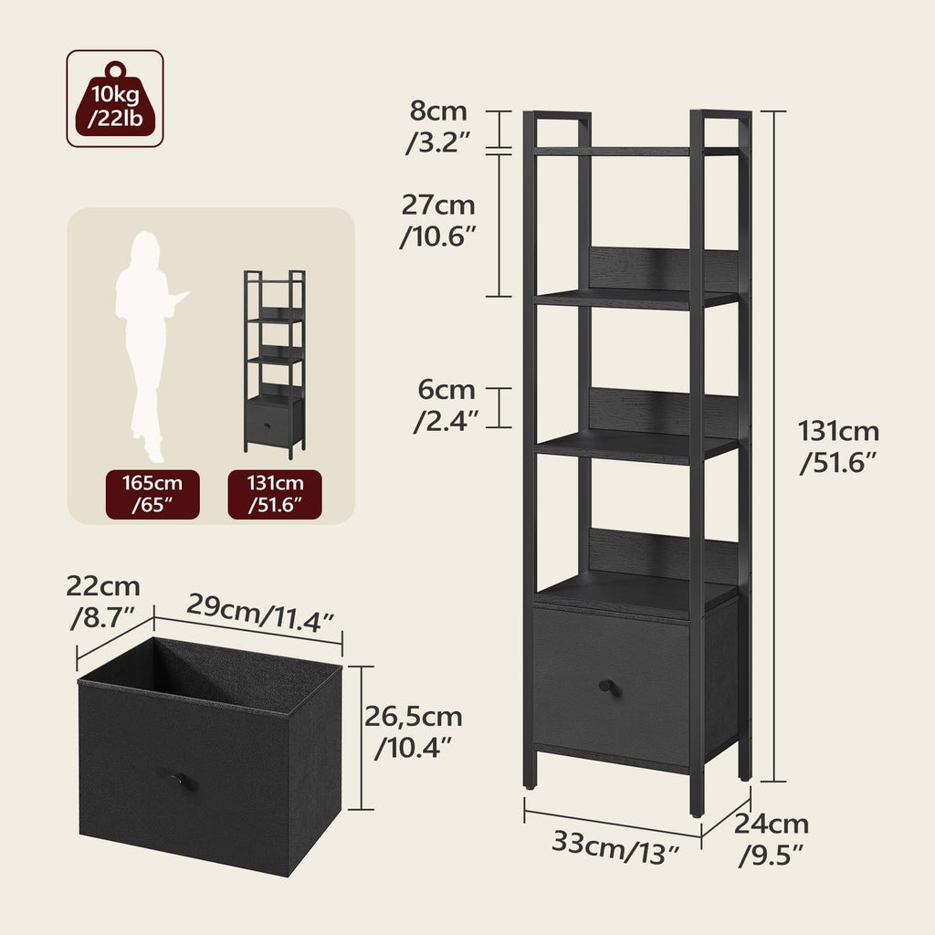 Black 5-Tier Bookshelf with Drawer O3907