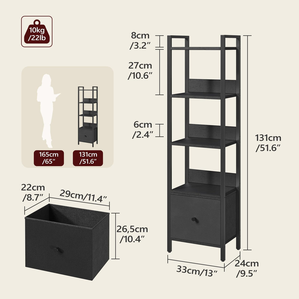 Black 5-Tier Bookshelf with Drawer O3907
