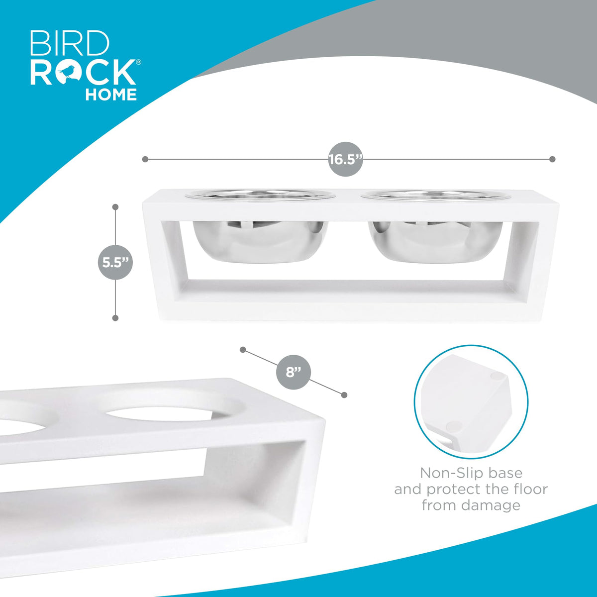 White Double Raised Pet Feeder with Stainless Steel Bowls R362