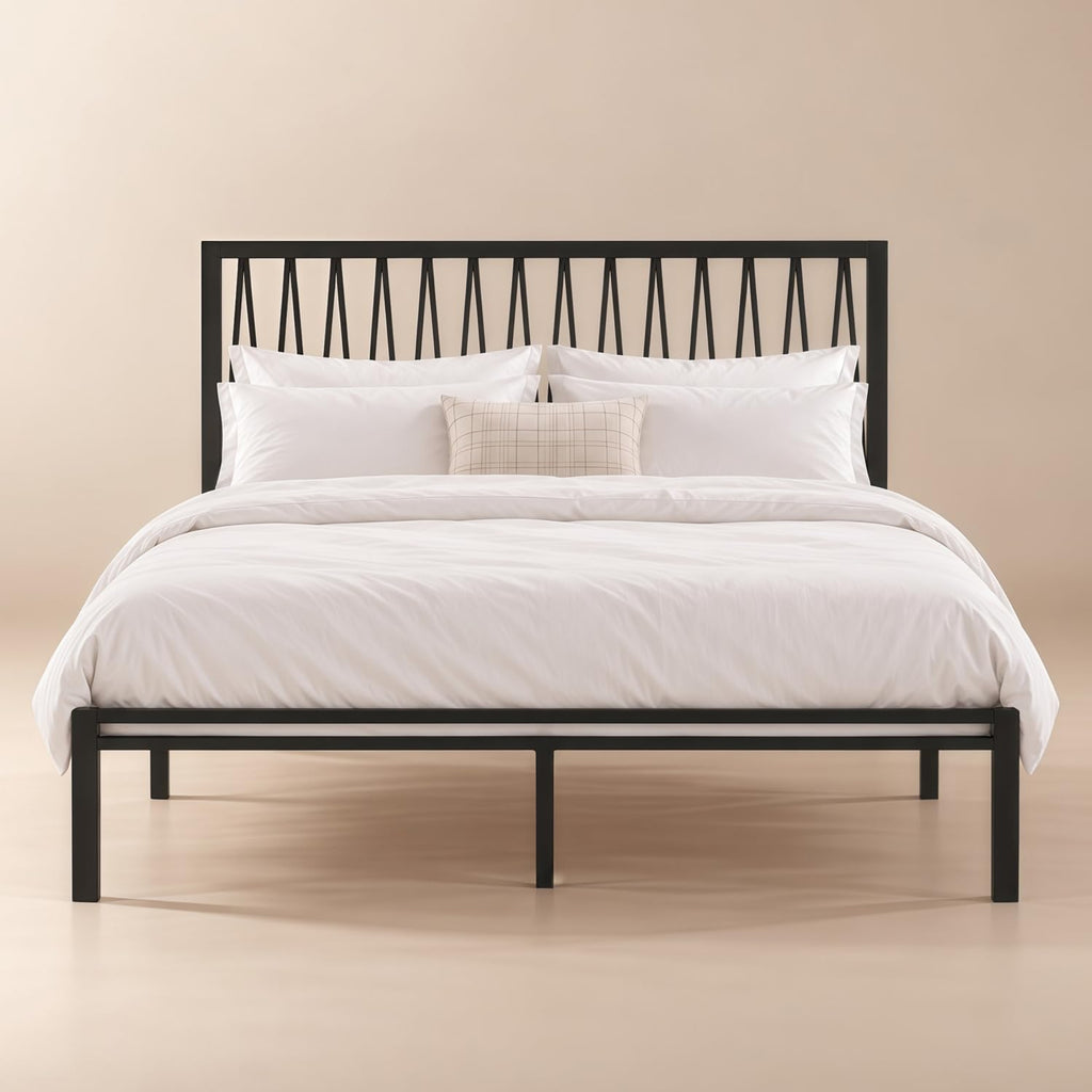 Black Metal Queen Bed Frame with Geometric Headboard J203744