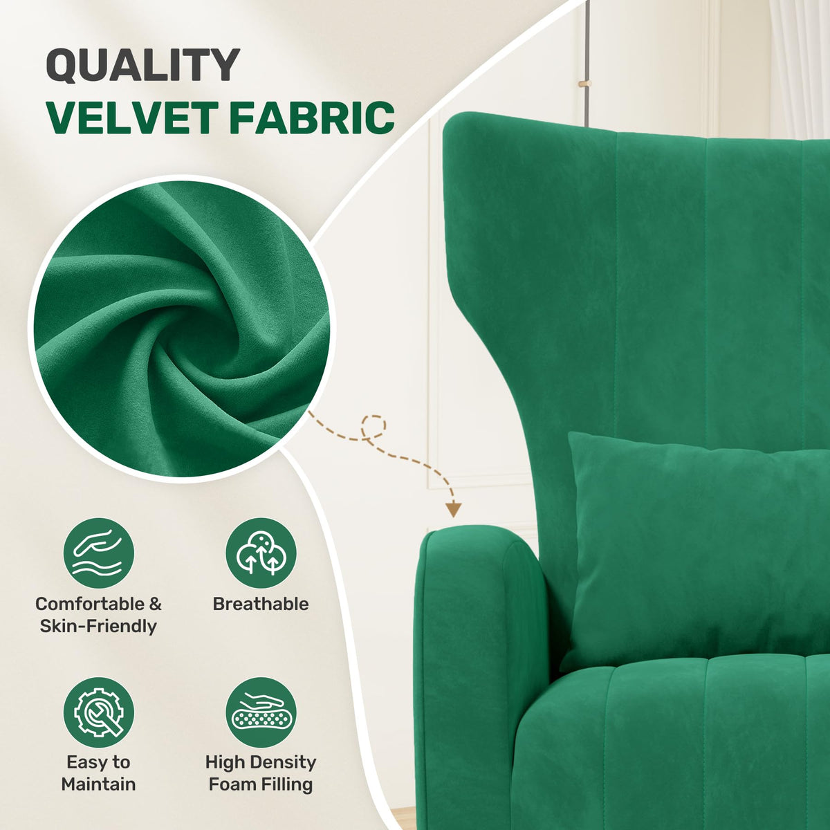 Velvet Accent Chairs Set of 2 High Back Armchair with Lumbar Pillow Green Z98065