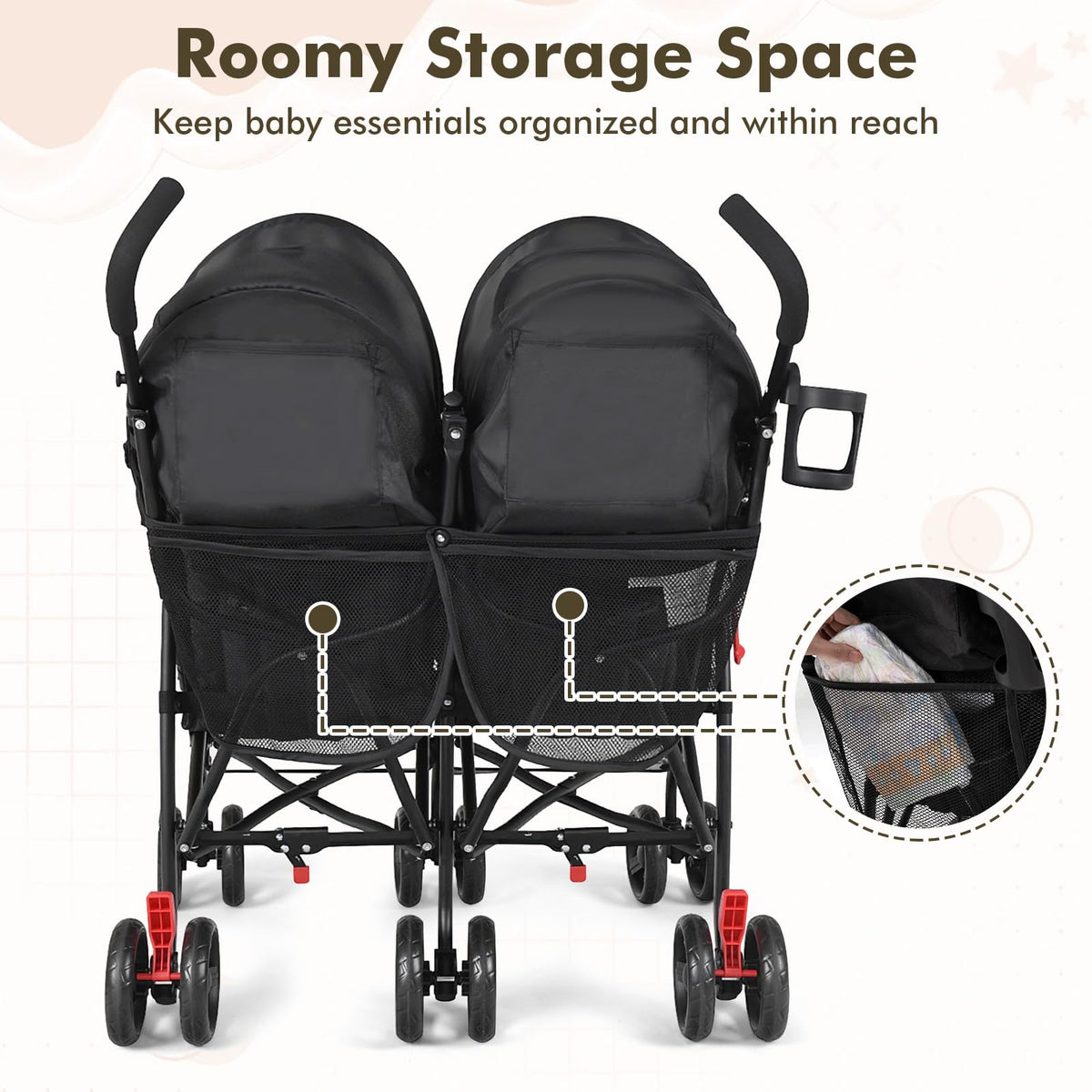Lightweight Double Umbrella Stroller with Cup Holder and Adjustable Canopy I417