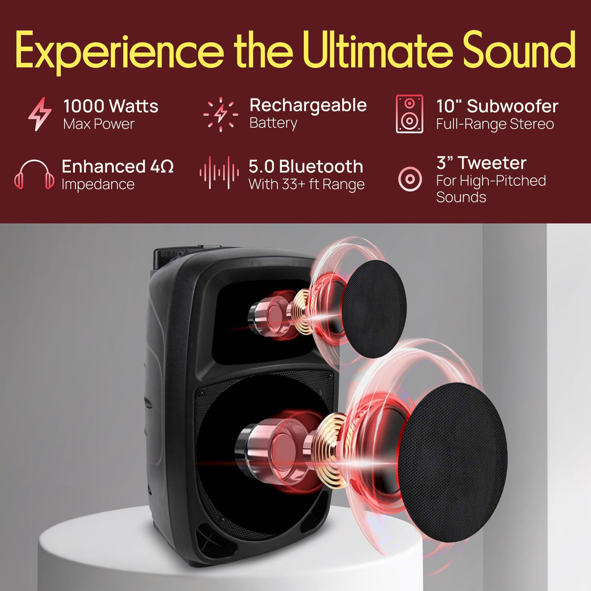 1000W Portable Bluetooth PA Speaker with 10'' Subwoofer and Wireless Mic Y16356