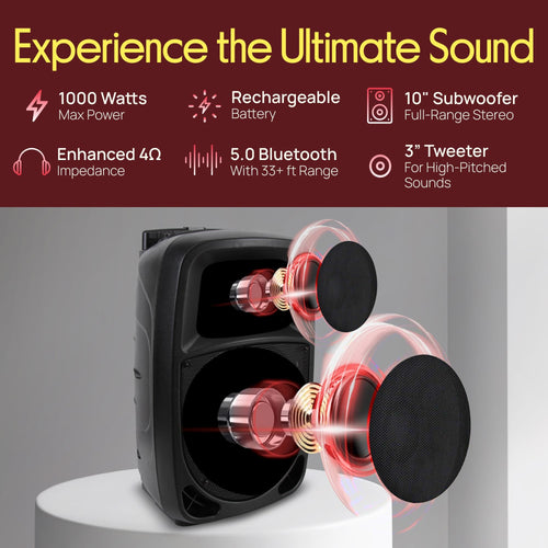 1000W Portable Bluetooth PA Speaker with 10'' Subwoofer and Wireless Mic Y16356