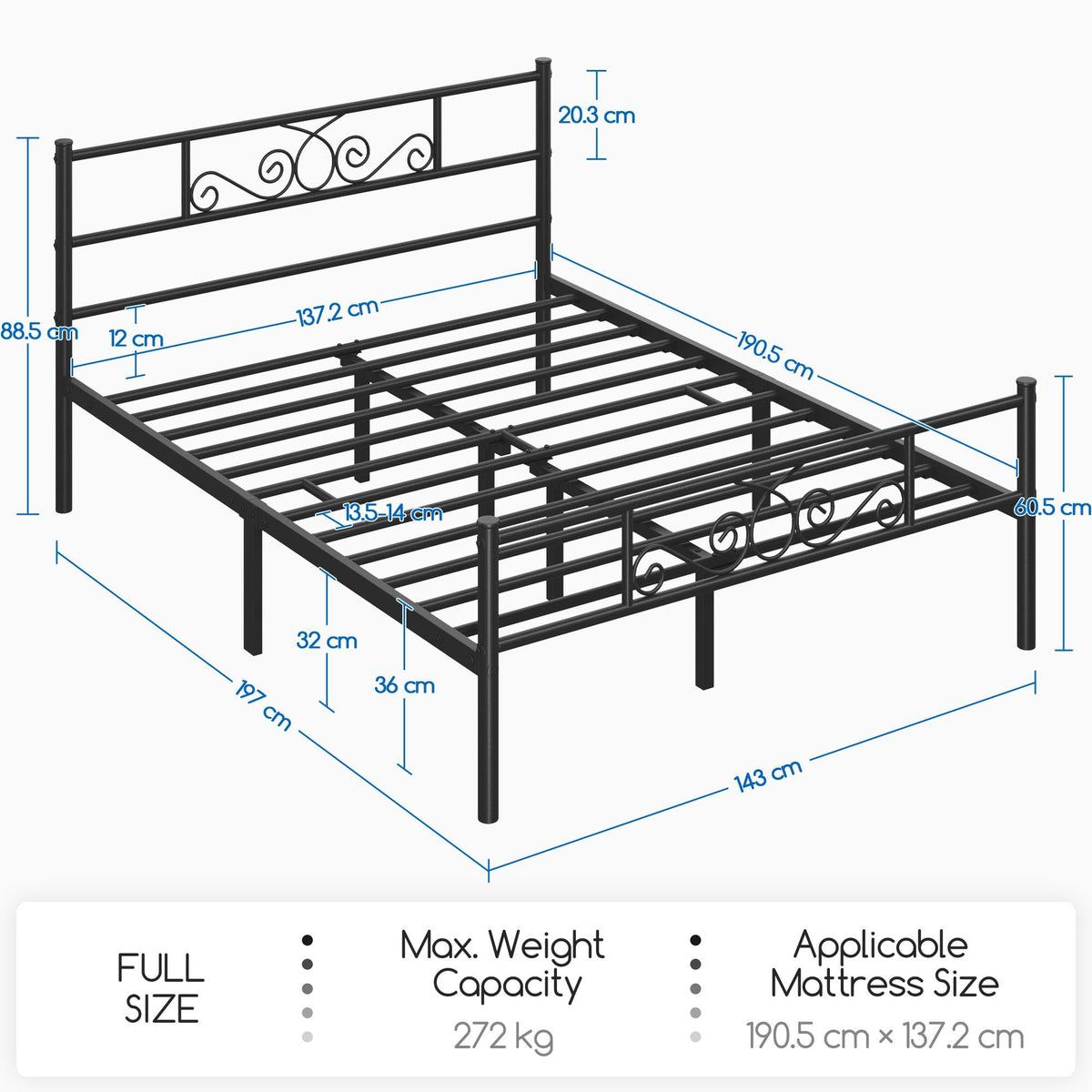 Black Metal Bed Frame with Headboard and Footboard T656070