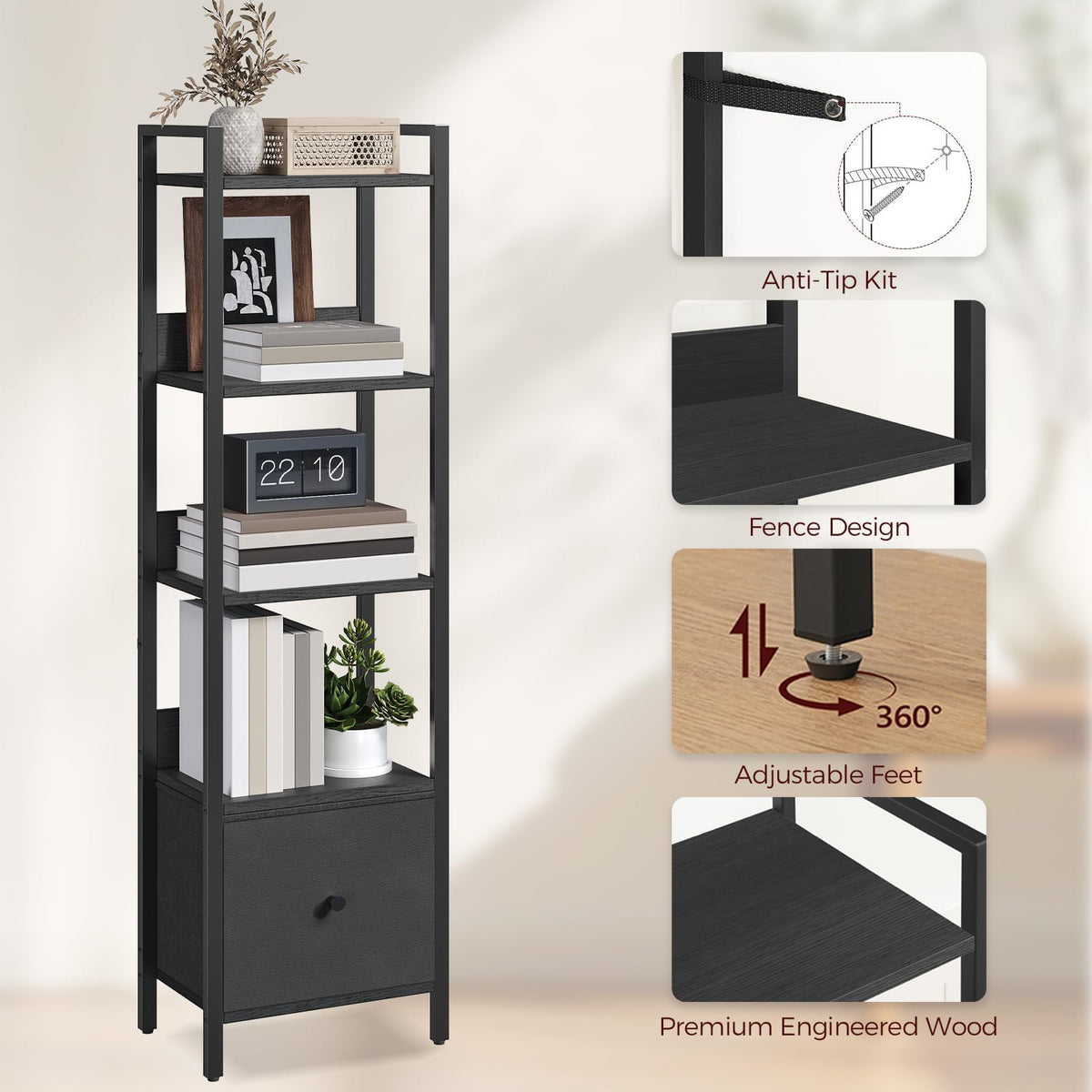 Black 5-Tier Bookshelf with Drawer O3907