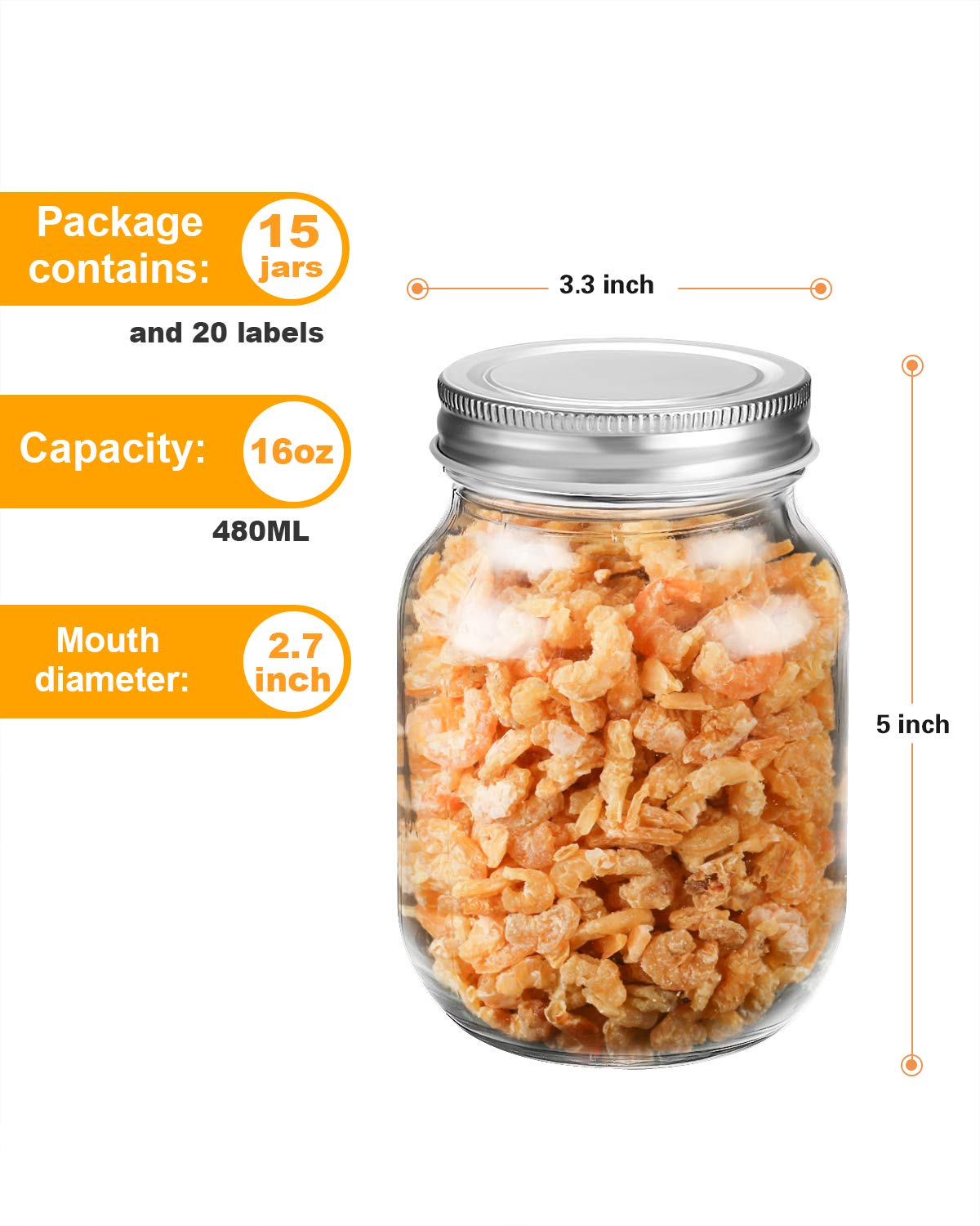 16 oz Mason Jars with Silver Lids 15 Pack A235