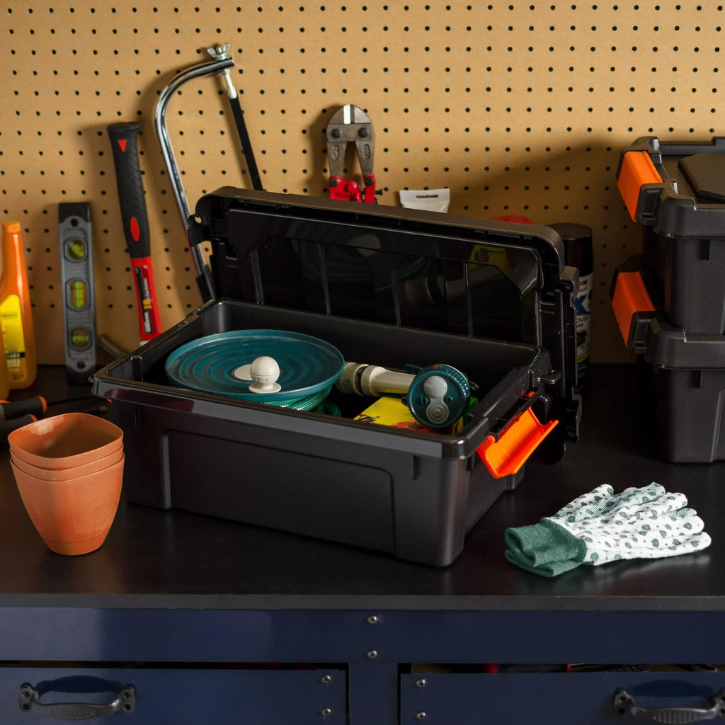 Heavy Duty Plastic Storage Bins with Lockable Lids, Black O6685