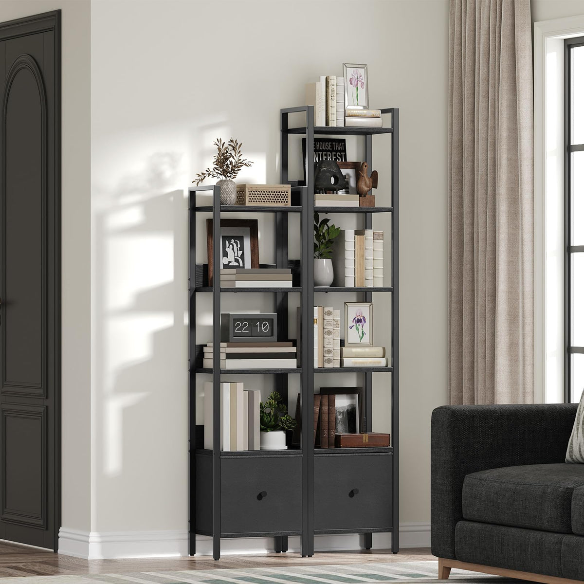Black 5-Tier Bookshelf with Drawer O3907