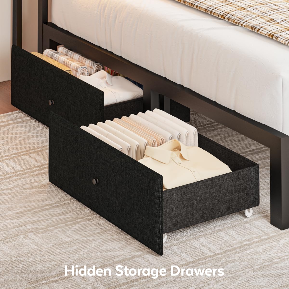 Black Full Size Storage Drawer Bed Frame with LED Lights and Charging Station B3565