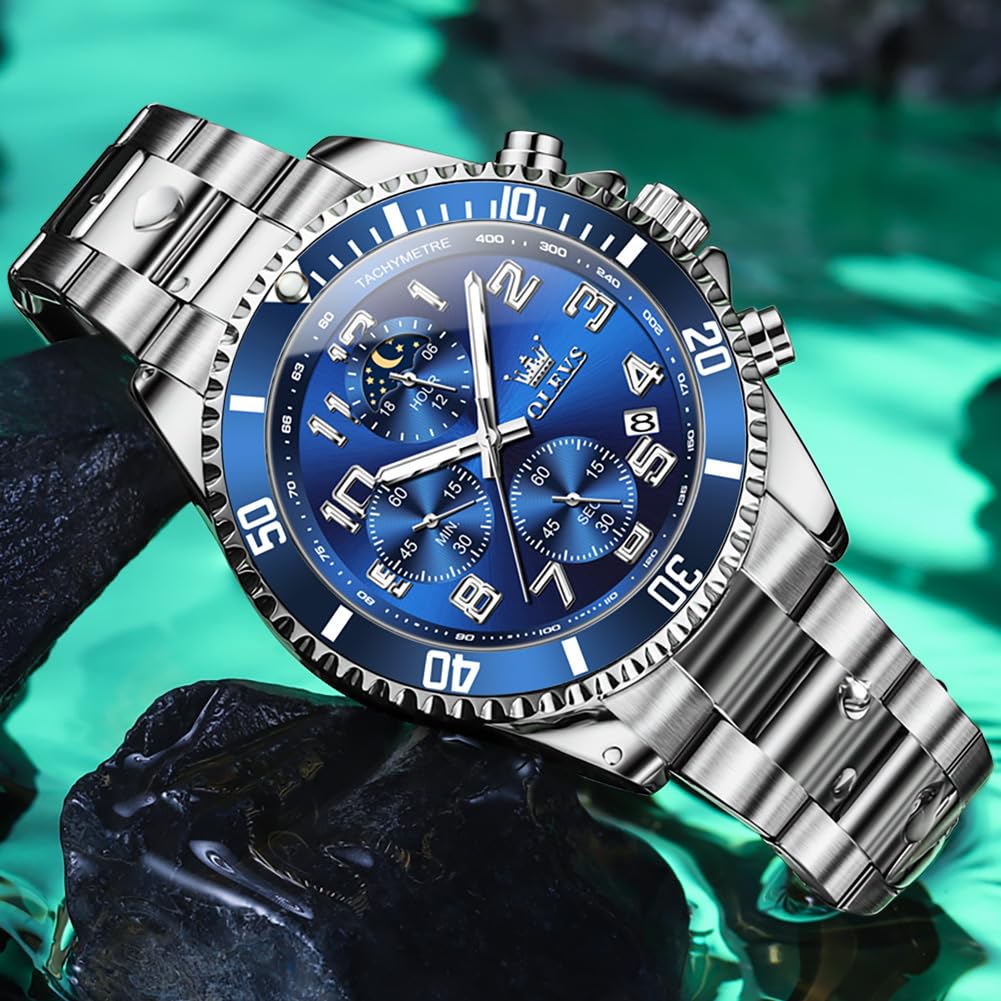 Mens Chronograph Moon Phase Two Tone Stainless Steel Waterproof Luminous Wrist Watch R5526