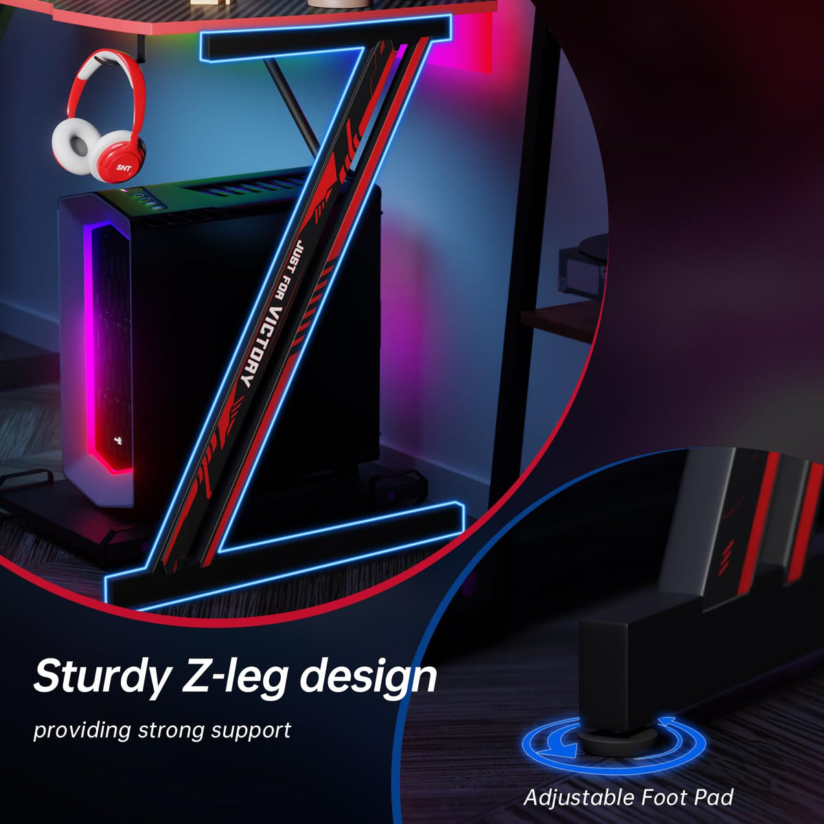 47.2 Inch Z Shaped Carbon Fiber Gaming Desk with Headphone Hook M91225