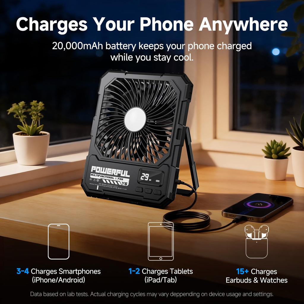 20000mAh Rechargeable Battery Powered Fan with LED Light P9864