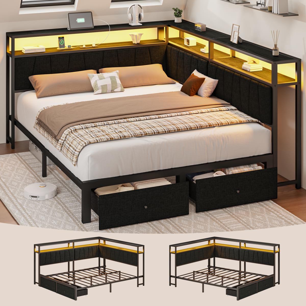 Black Full Size Storage Drawer Bed Frame with LED Lights and Charging Station B3565
