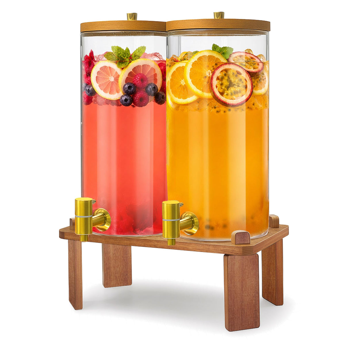 2PCS 1.5 Gallon Glass Beverage Dispenser with Wood Stand M5297