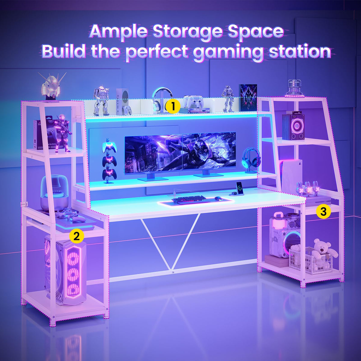 79'' White Gaming Desk with LED Lights and Storage Shelves C4410