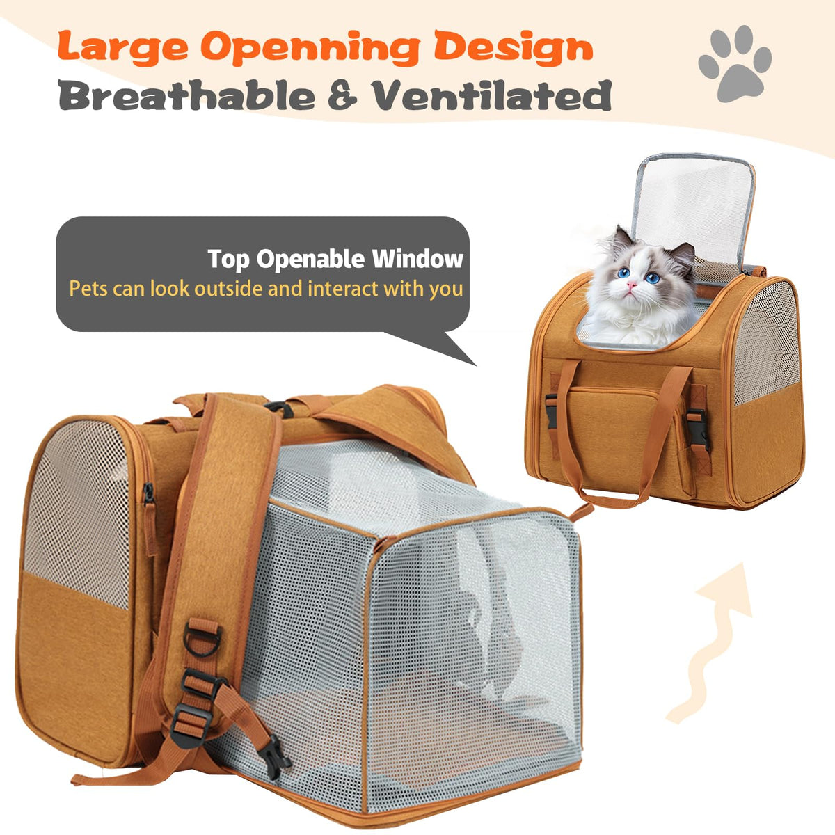 Brown Expandable Breathable Mesh Cat Carrier Backpack H34563