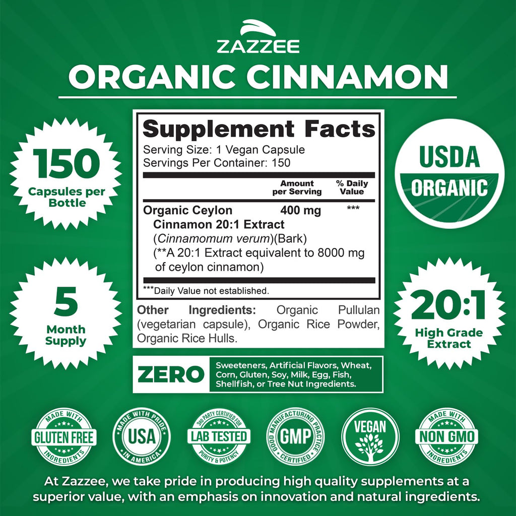 USDA Organic Ceylon Cinnamon 20:1 Extract 150 Capsules V537