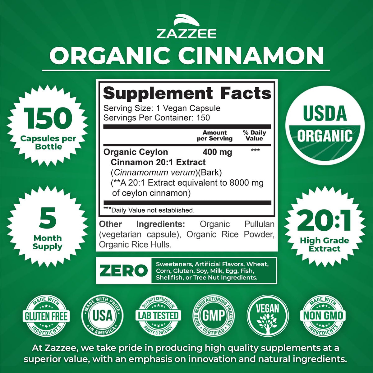 USDA Organic Ceylon Cinnamon 20:1 Extract 150 Capsules V537