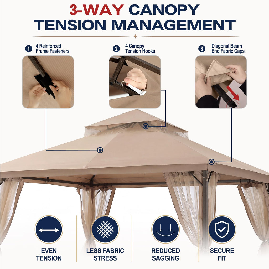 Khaki 9x9 Outdoor Patio Gazebo with Mosquito Netting E225