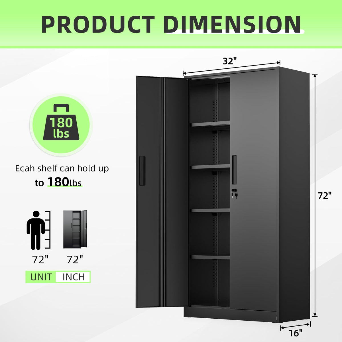 Black 72" Locking Steel Storage Cabinet with 4 Adjustable Shelves E59578