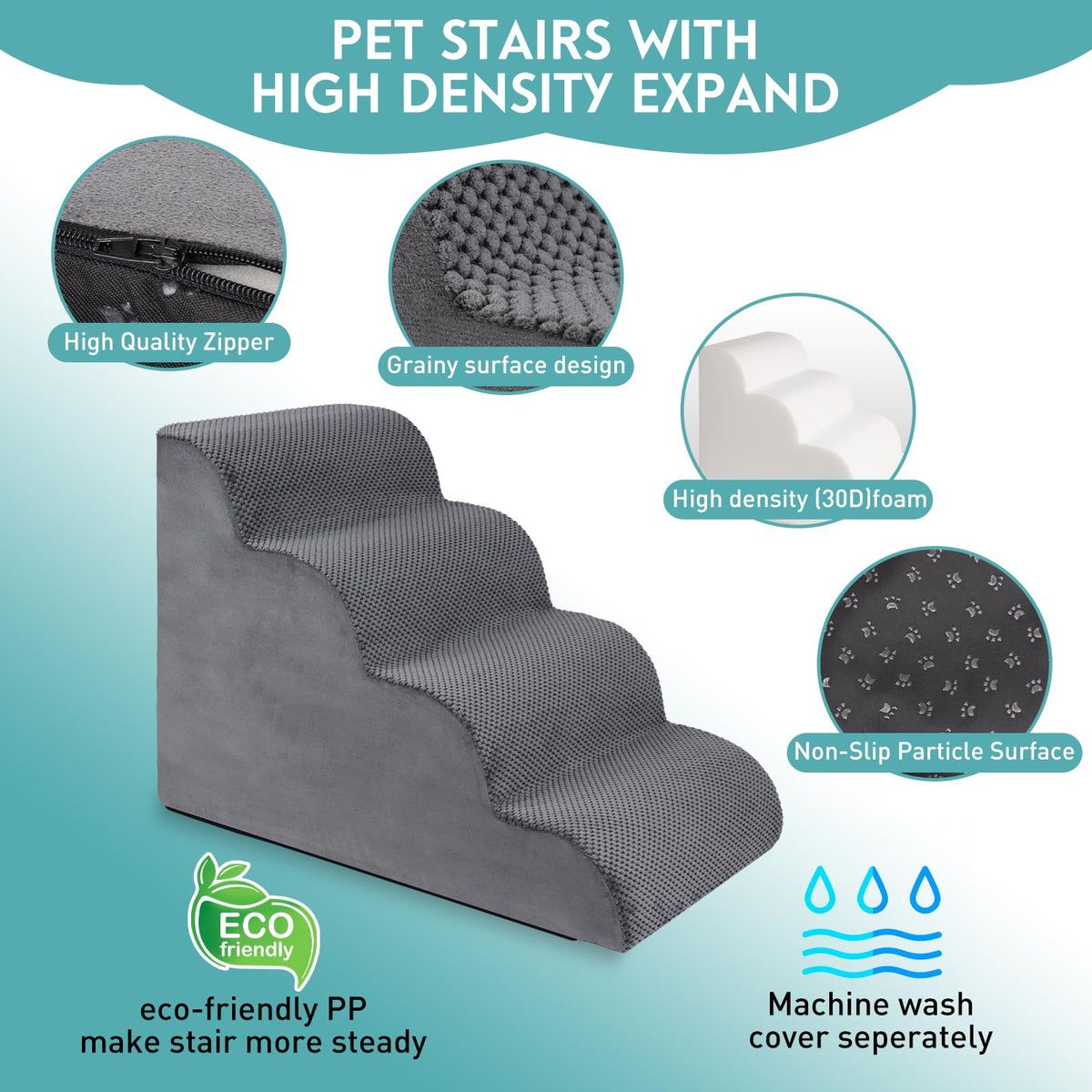 19.7" H 4-Steps Dog Stairs with 30D High Density Foam, Corduroy Fabric, Non-Slip Bottom W214
