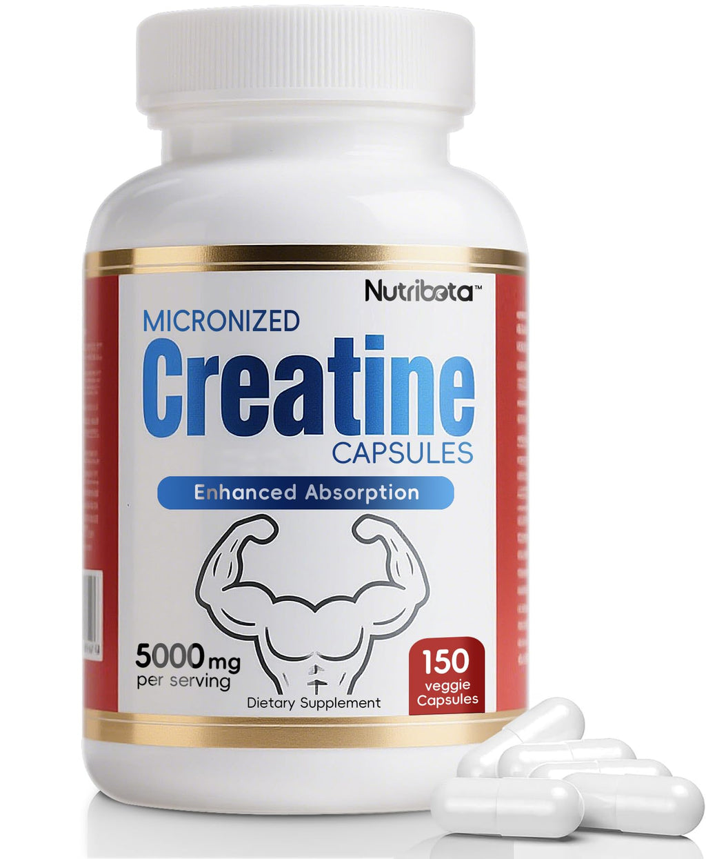 5000mg Micronized Creatine Monohydrate Capsules with Vitamin B12, Vegan, Gluten Free, 150 Count T308863