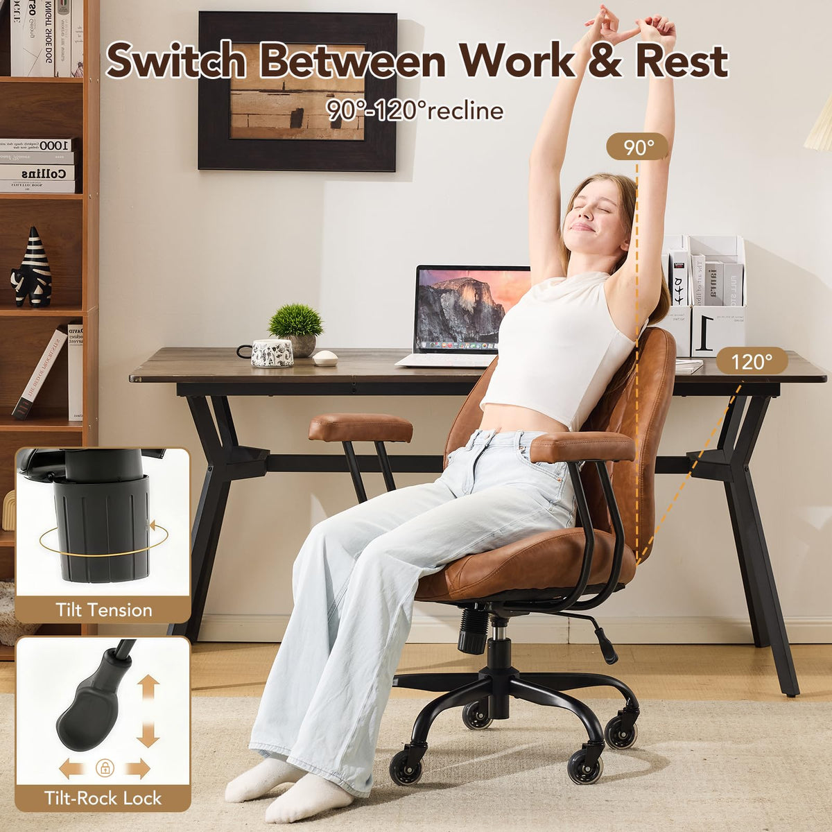 Brown Leather Ergonomic Office Chair with Lumbar Support H8723