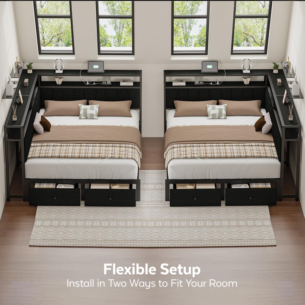 Black Full Size Storage Drawer Bed Frame with LED Lights and Charging Station B3565