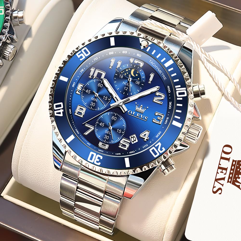 Mens Chronograph Moon Phase Two Tone Stainless Steel Waterproof Luminous Wrist Watch R5526
