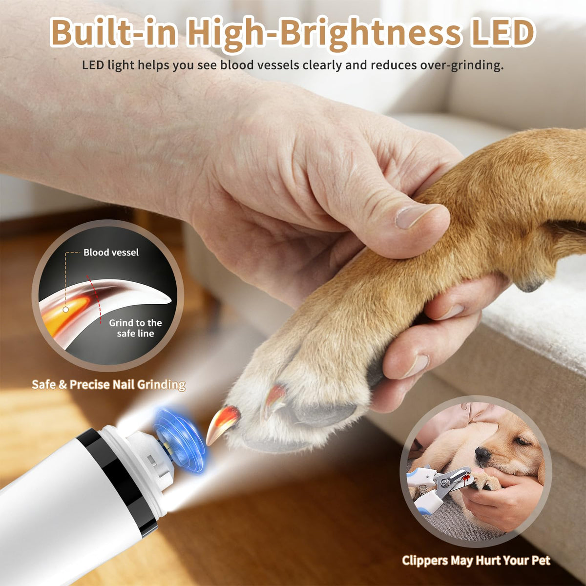 Quiet Dog Nail Grinder with Guard & 2 LED Lights X851