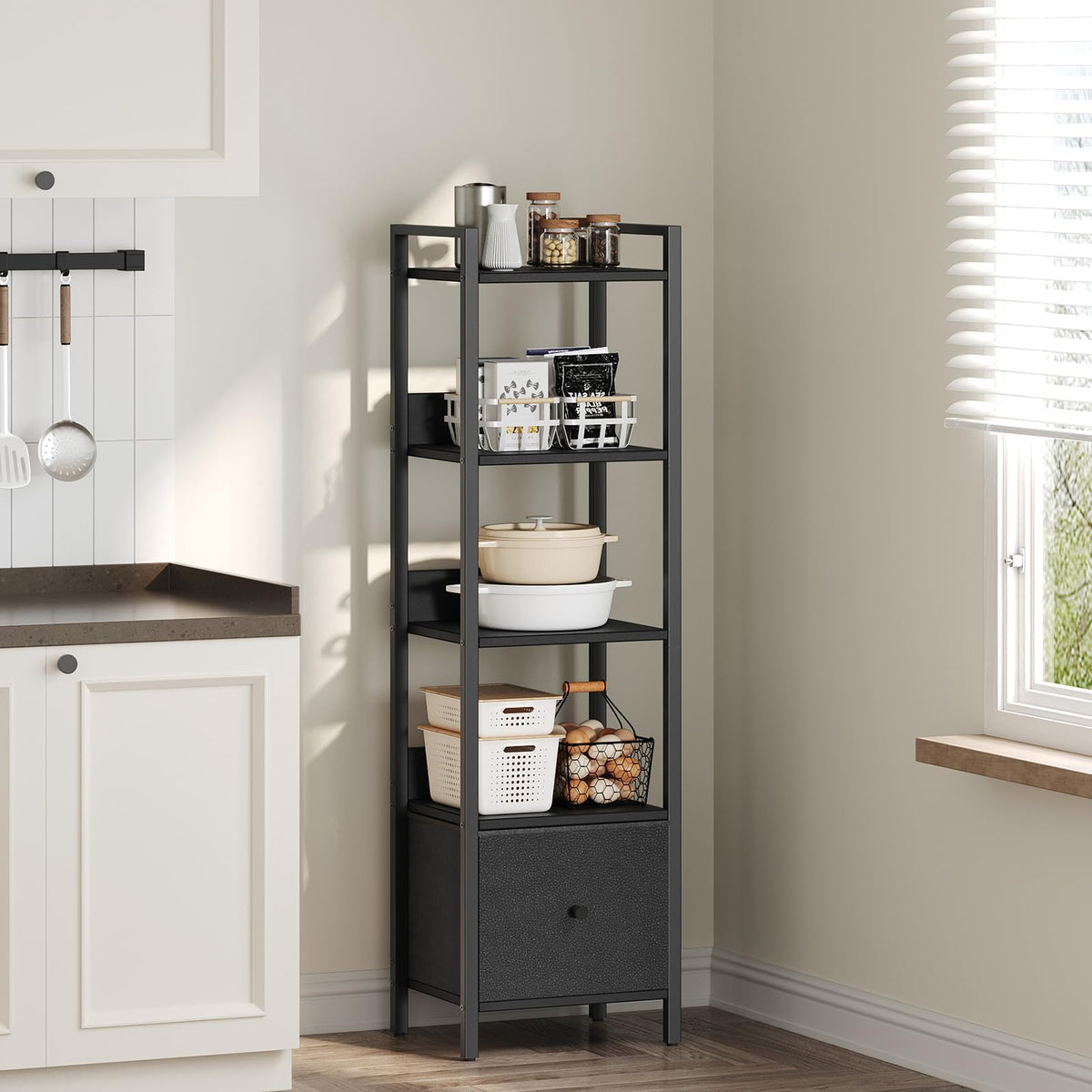 Black 5-Tier Bookshelf with Drawer O3907