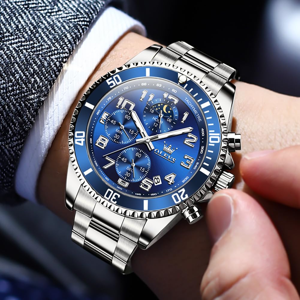 Mens Chronograph Moon Phase Two Tone Stainless Steel Waterproof Luminous Wrist Watch R5526