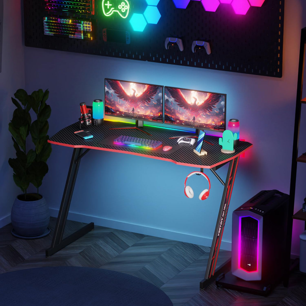 47.2 Inch Z Shaped Carbon Fiber Gaming Desk with Headphone Hook M91225