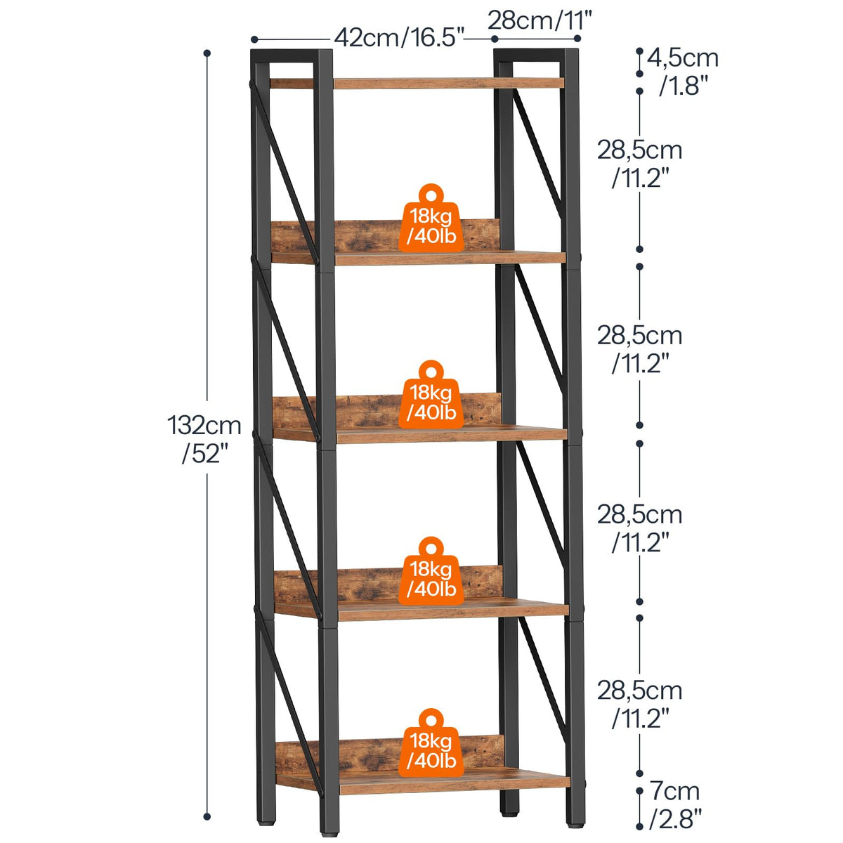 5-Tier Industrial Bookshelf with Metal Frame T53962