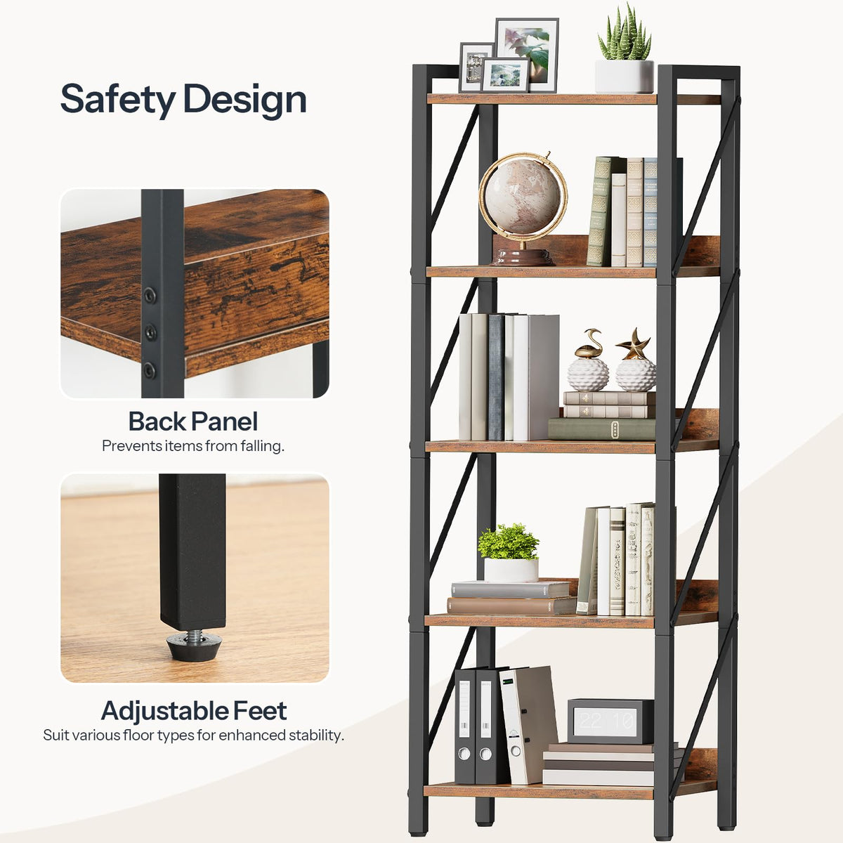 5-Tier Industrial Bookshelf with Metal Frame T53962