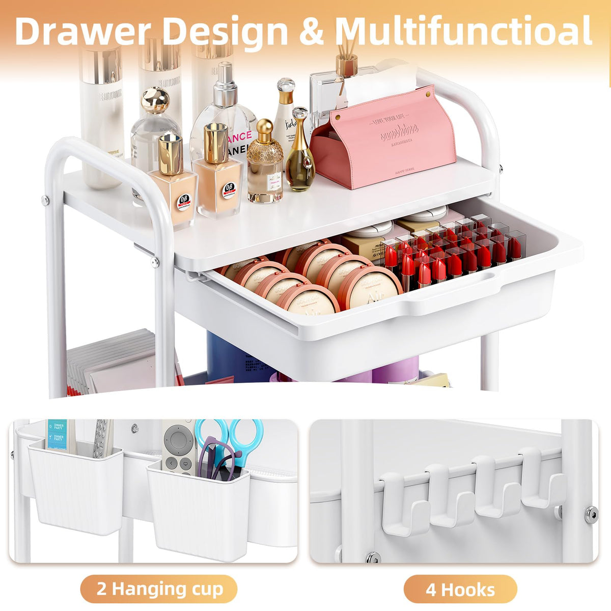 3 Tier Metal Rolling Cart with Drawer X61026