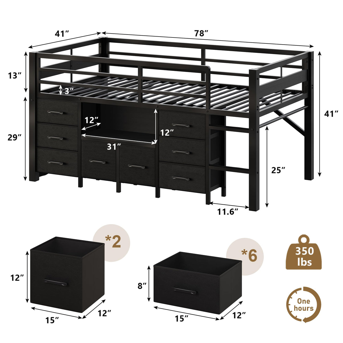 Black Twin Size Low Loft Bed with 8 Storage Drawers Z835