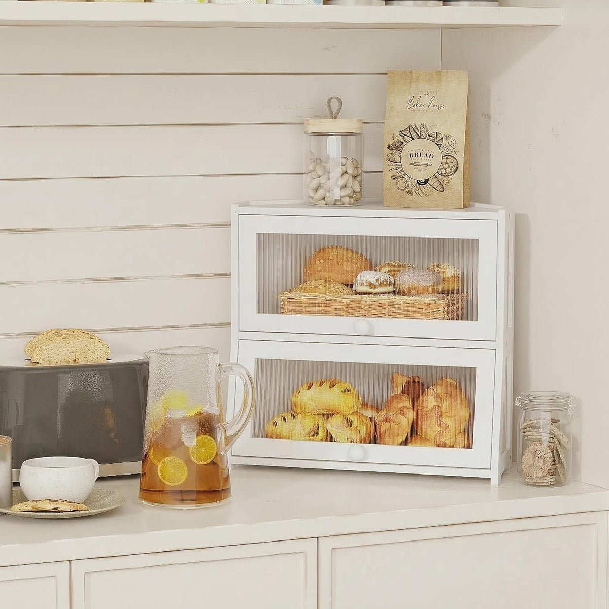 White Double Layer Bamboo Corner Bread Box B4901