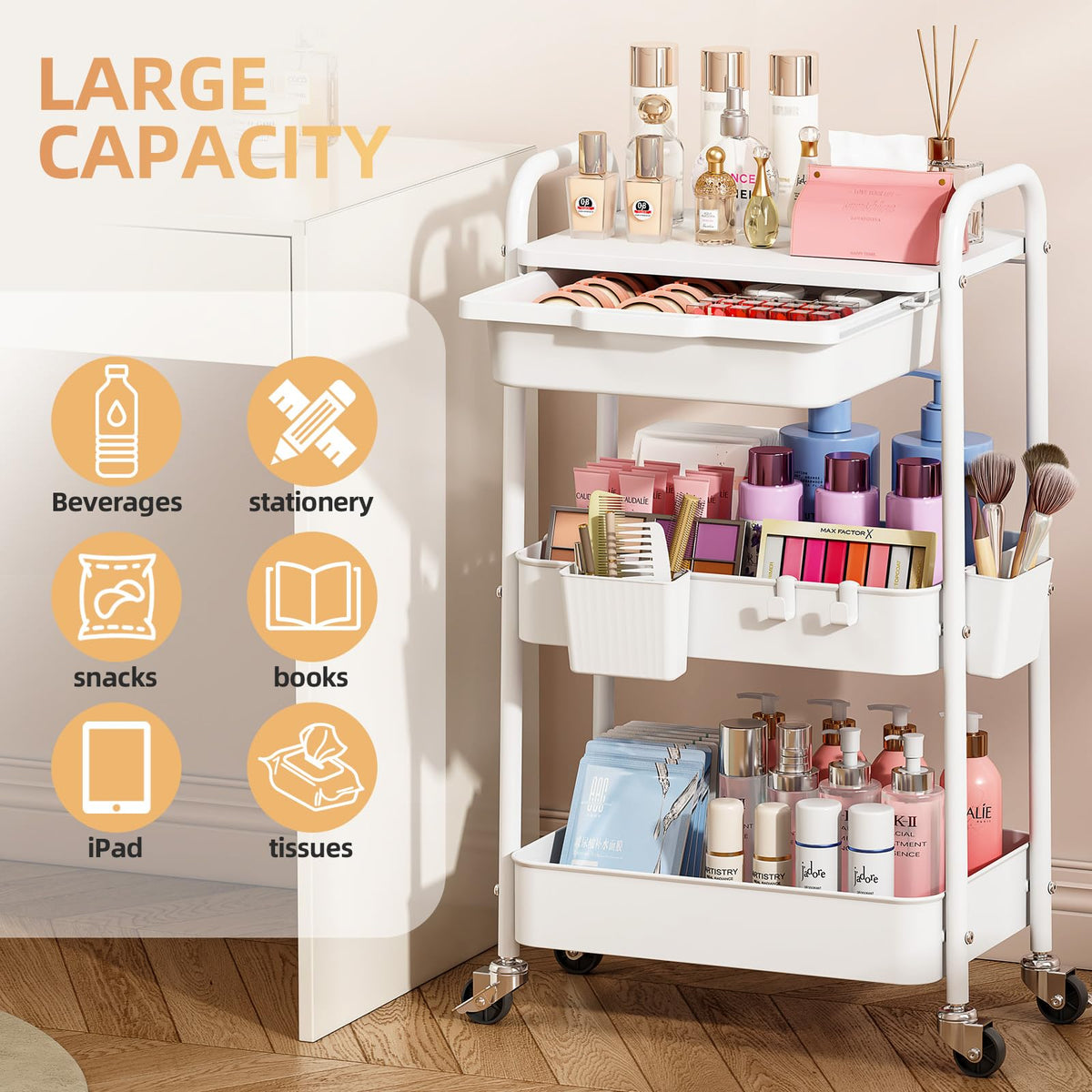 3 Tier Metal Rolling Cart with Drawer X61026