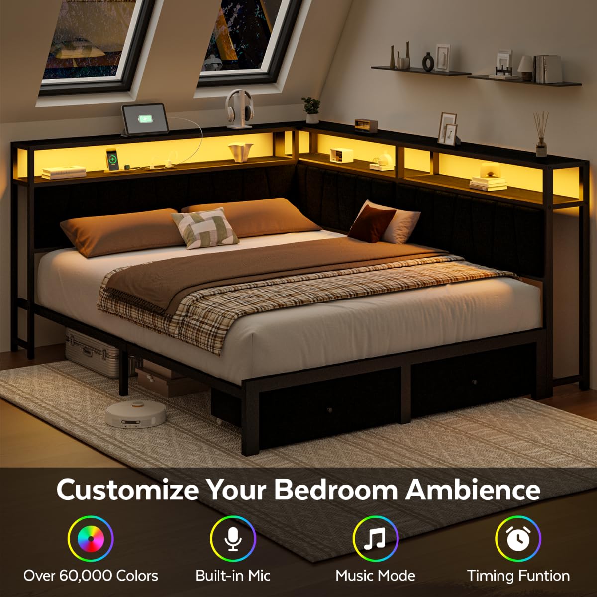 Black Full Size Storage Drawer Bed Frame with LED Lights and Charging Station B3565