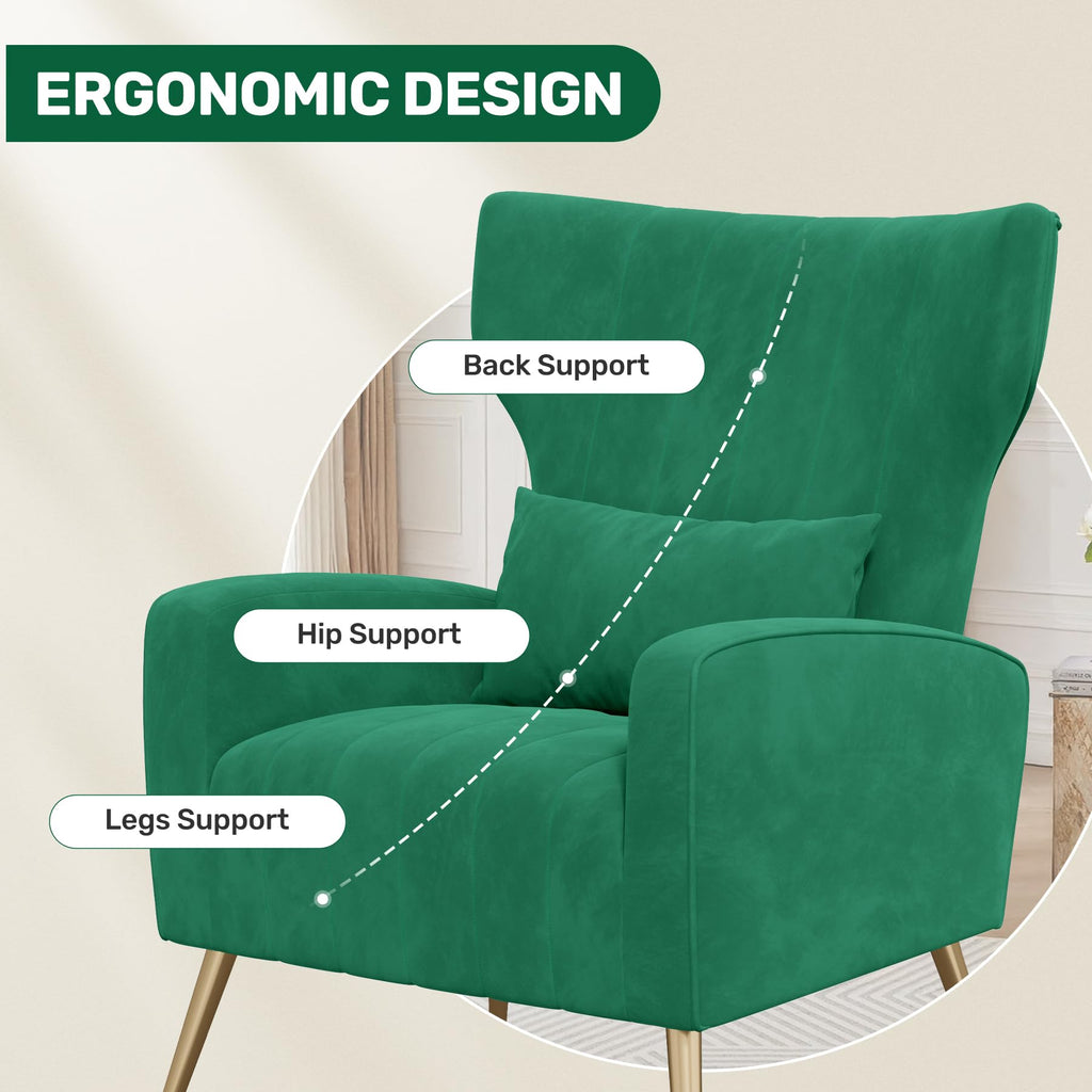 Velvet Accent Chairs Set of 2 High Back Armchair with Lumbar Pillow Green Z98065