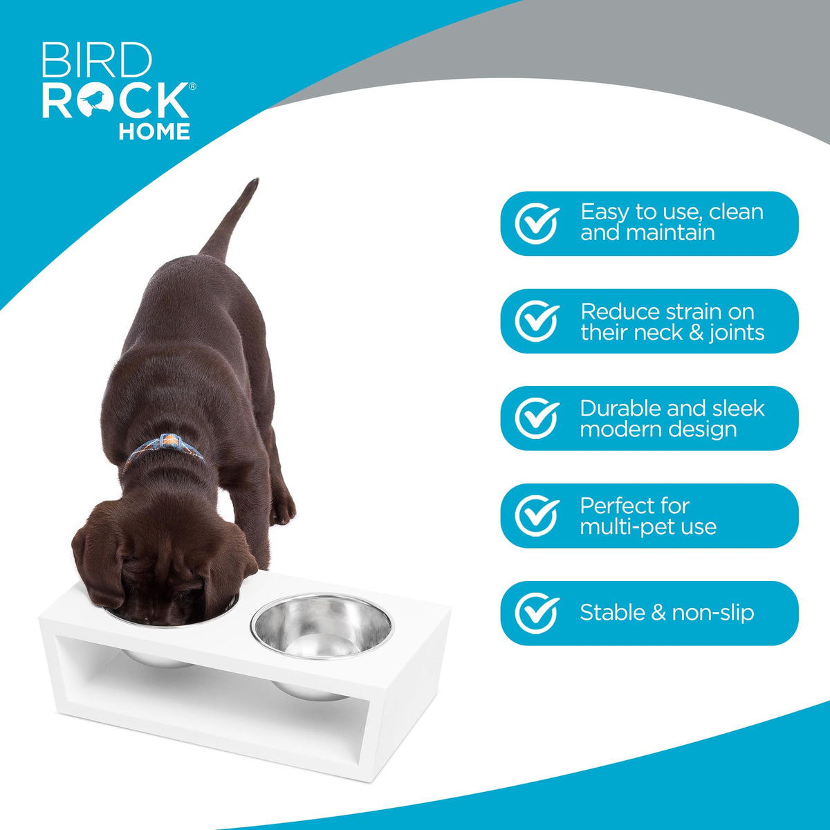 White Double Raised Pet Feeder with Stainless Steel Bowls R362